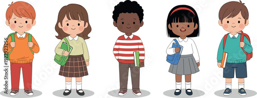 Set of diverse elementary school children with backpacks and books standing together back to school concept flat vector illustration isolated