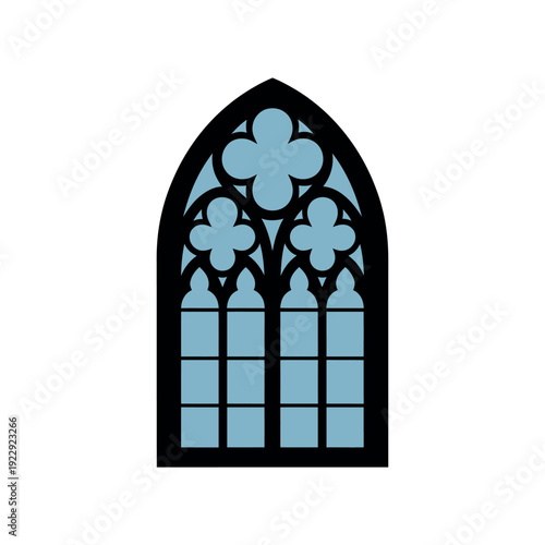 Gothic pointed arch window structure features intricate tracery design isolated on white.