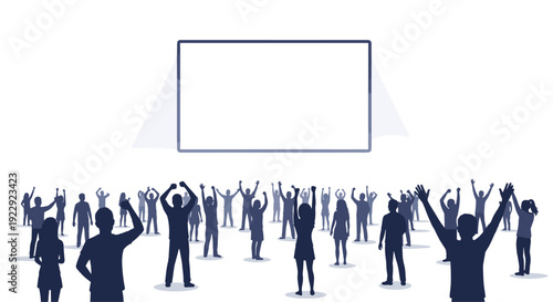 A large crowd of people with raised arms stands facing a prominent blank rectangular screen on a white background.