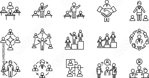 Business leadership and team management line icon set featuring professional collaboration partnership recruitment strategy corporate hierarchy and human resources vector elements