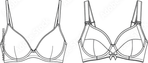 Technical flat sketch vector illustration of two distinct bra styles designed for women's intimate apparel and modern fashion design templates.