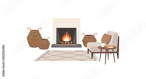 A cozy living room features a lit fireplace, comfortable armchair, woven rug, and decorative storage baskets.