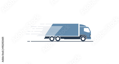 A blue and grey delivery truck with dynamic speed lines moves quickly from left to right on a clean white background.