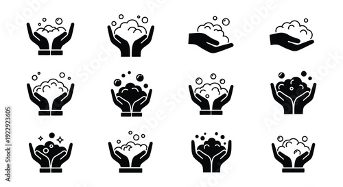Black silhouettes of hands cupping water with bubbles hygiene icons