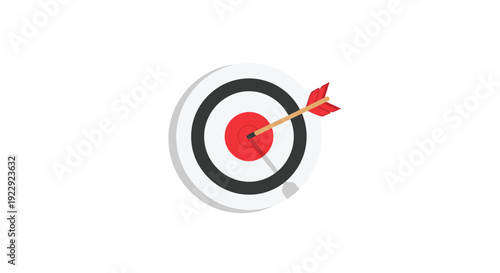 A red, black, and white archery target with a red bullseye is directly hit by a red-fletched arrow.