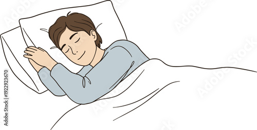 Peaceful man sleeping in bed with blanket, restful night, healthy sleep routine, bedtime illustration, cozy atmosphere, relaxing cartoon concept, vector drawing on white background