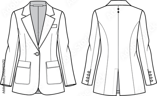 Vector technical flat fashion illustration of women's tailored single breasted blazer jacket with pockets front and back view line art