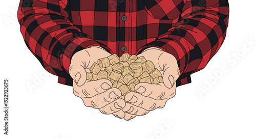 Hands in a red plaid shirt holding a handful of light brown wood pellets on a white background.