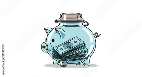 Transparent glass piggy bank jar filled with stacks of dollar bills and topped with a cork on a white background.