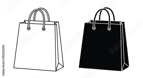 Two shopping bags one white and one black are depicted in a line art style