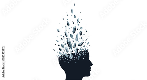 A dark silhouette of a human head shows sharp, fragmented pieces breaking and scattering from the top.