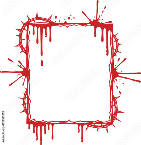 Red Dripping Blood Frame with Splatter and Thorn Elements for Halloween or Horror Design