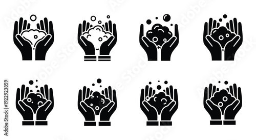 Black silhouettes of hands cupping water with bubbles hygiene icons