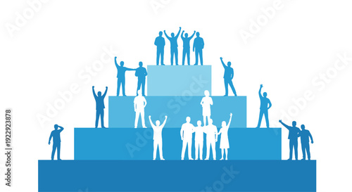Numerous blue silhouetted people stand and cheer on a multi-tiered blue pyramid structure on a white background.