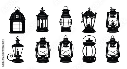 Collection of vintage black and white lantern silhouettes in various styles