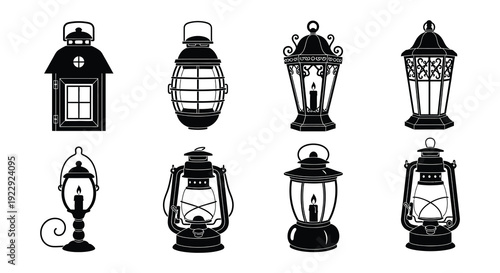 Collection of vintage black and white lantern silhouettes in various styles