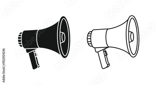 Two megaphone illustrations a solid black version and a line drawing