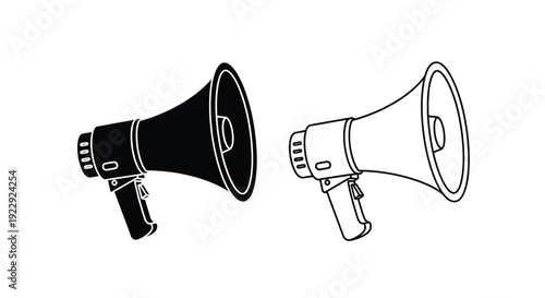 A black and white illustration depicting two vintage megaphone designs