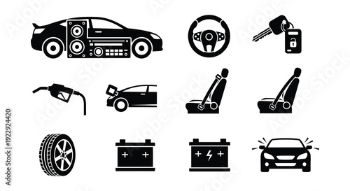 Automotive icons car parts accessories and related elements in black