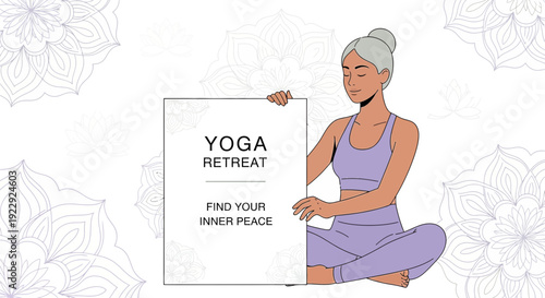 Woman Practicing Yoga Holding Sign for Yoga Retreat and Inner Peace
