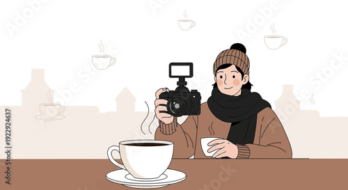 Woman Photographer Captures Cozy Coffee Moment with Vintage Camera