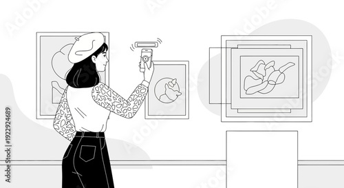 Woman Photographing Art at Gallery with Smartphone, Modern Exhibition