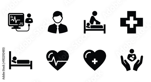 Medical icons depicting healthcare patients and vital signs