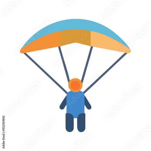 Minimalist Skydiver Illustration: Person Parachuting with Blue and Orange Parachute on Black Background
