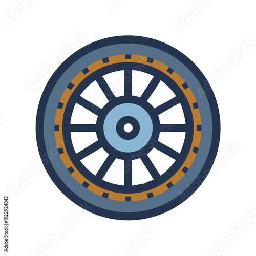 Stylized vintage wheel illustration with intricate spokes on a black background