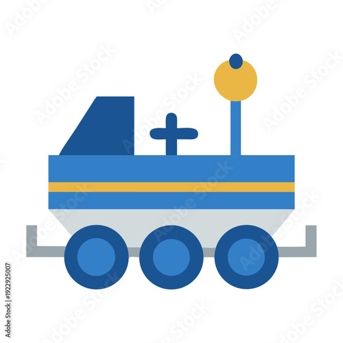 A simple blue and yellow rover icon, isolated on black backdrop