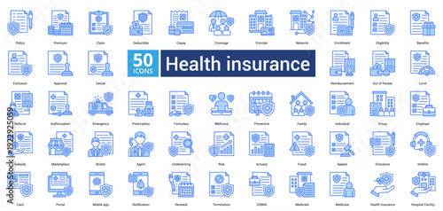Health Insurance icon set in blue style contains 50 icons including policy, premium, claim, deductible, copay, coverage, provider and network icon