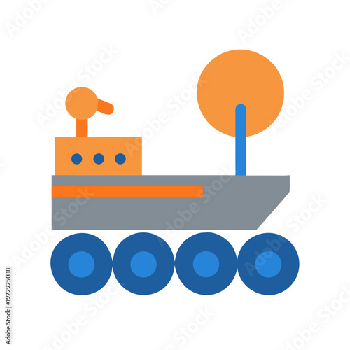 Flat design space rover concept with gray body and blue wheels