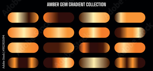 Amber gem gradient collection featuring sixteen unique metallic swatches on a black background.