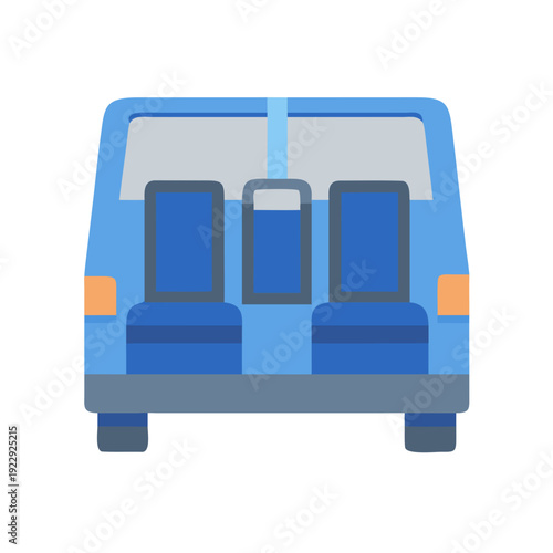 Modern van interior back view featuring blue seats on a black background.