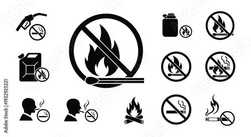 Collection of black silhouette icons depicting fire hazards and safety