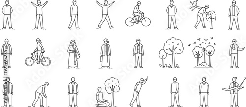People outdoor activities, walking, cycling, planting trees, relaxing, talking, vector line icons, park lifestyle, environment friendly, flat minimal urban character design