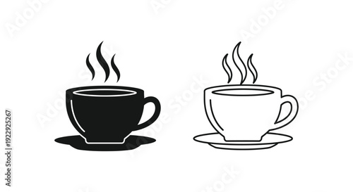 Two steaming cups of coffee one dark and one light outline