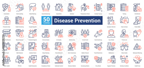 Disease Prevention icon set in dual tone style contains 50 icons including ventilation, testing, disinfection, protective gear, health screening, cough etiquette and symptom monitor icon