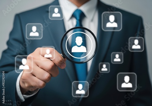 Wallpaper Mural A professional examining a specific individual icon through a magnifying glass among multiple profiles. Torontodigital.ca