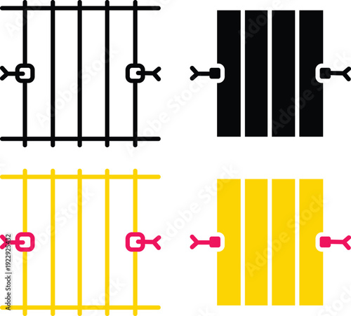 Prison cell jail bars with handcuffs for law enforcement justice and criminal punishment system Vector Silhouette and Pictogram Icon Set.eps