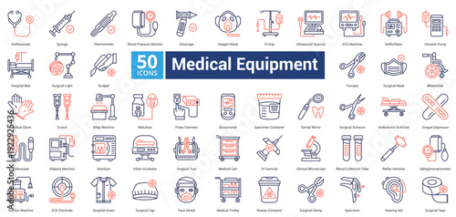 Medical Equipment icon set in dual tone style contains 50 icons including infusion pump, hospital bed, surgical light, scalpel, forceps, surgical mask, wheelchair dan medical glove icon