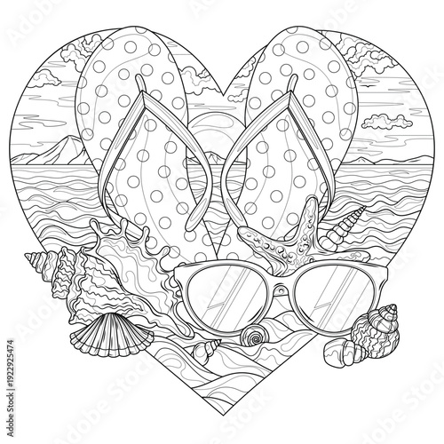 Flip-flops, sunglasses and shells on the beach in the shape of a heart.Coloring book antistress for children and adults. 