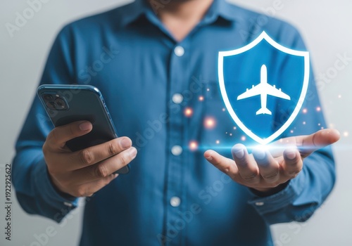 Wallpaper Mural Man holding phone with digital shield and airplane icon, representing travel insurance or security. Torontodigital.ca
