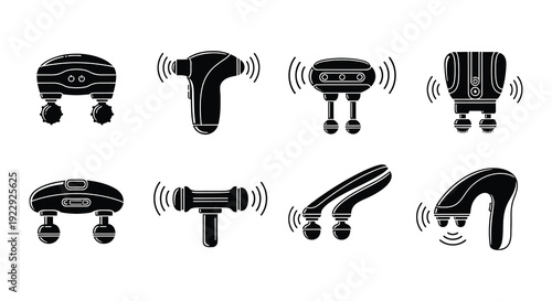 Variety of percussion massage guns in black and white glyph icons