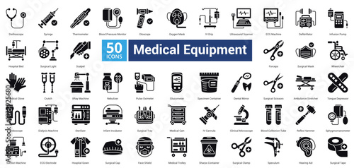 Medical Equipment icon set in glyph style contains 50 icons including crutch, x-ray machine, nebulizer, pulse oximeter, glucometer, specimen container, dental mirror dan surgical scissors icon