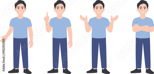 Cartoon young man character set with various hand gestures, casual male in t shirt and pants, full body flat vector illustration isolated background