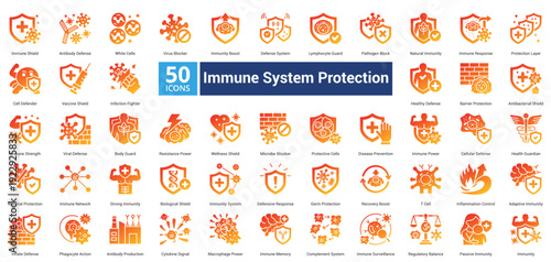 Immune System Protection icon set in glyph gradient style contains 50 icons including microbe blocker, protective cells, disease prevention, immune power, health guardian and antiviral protection icon