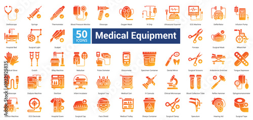 Medical Equipment icon set in glyph gradient style contains 50 icons including ambulance stretcher, tongue depressor, endoscope, dialysis machine, sterilizer, infant incubator dan surgical tray icon