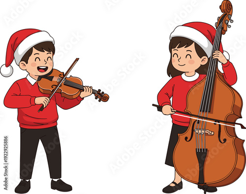 Christmas kids musicians playing violin and double bass cartoon illustration isolated on white background festive holiday vector art