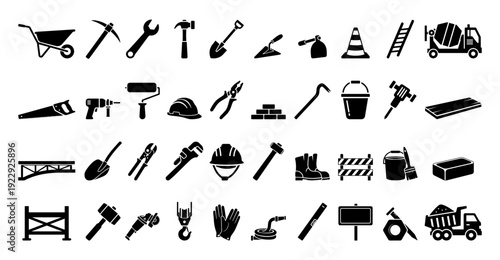 Construction Tools Silhouette Icon Set Black Worker Equipment Vector Collection.